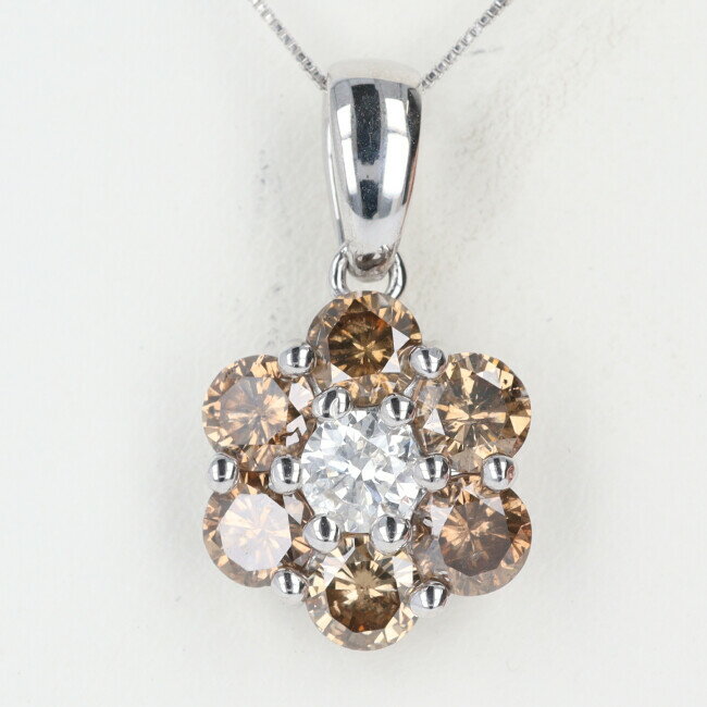 ■K18WG ダイヤモンドネックレス D2.10ct 約40cm/約3.9g ブラウンダイヤモンド フラワーモチーフ/花 豪華 ギフト プレゼント 贈り物 お祝い【中古】hのサムネイル