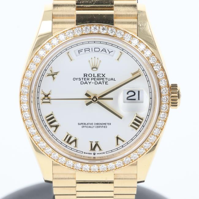 ロレックス【ROLEX】128348RBR デイデイト 白文字盤 ダイヤモンドベゼル 18YG 金無垢 イエローゴールド gold 自動巻き ギフト プレゼント 贈り物 お祝い 【中古】h