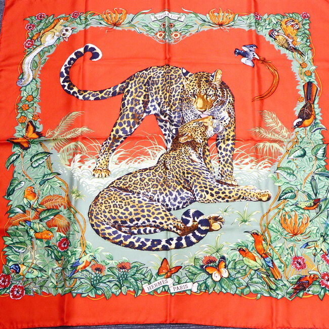 エルメス【Hermes】カレ90 JUNGLE LOVE/ジャングルラブ ジャガー ヒョウ 鳥 花 ショール 大判 レディース メンズ オレンジ/グリーン スカーフ SILK/シルク100％ ファッション ギフト プレゼント レディース/女性【中古】hのサムネイル