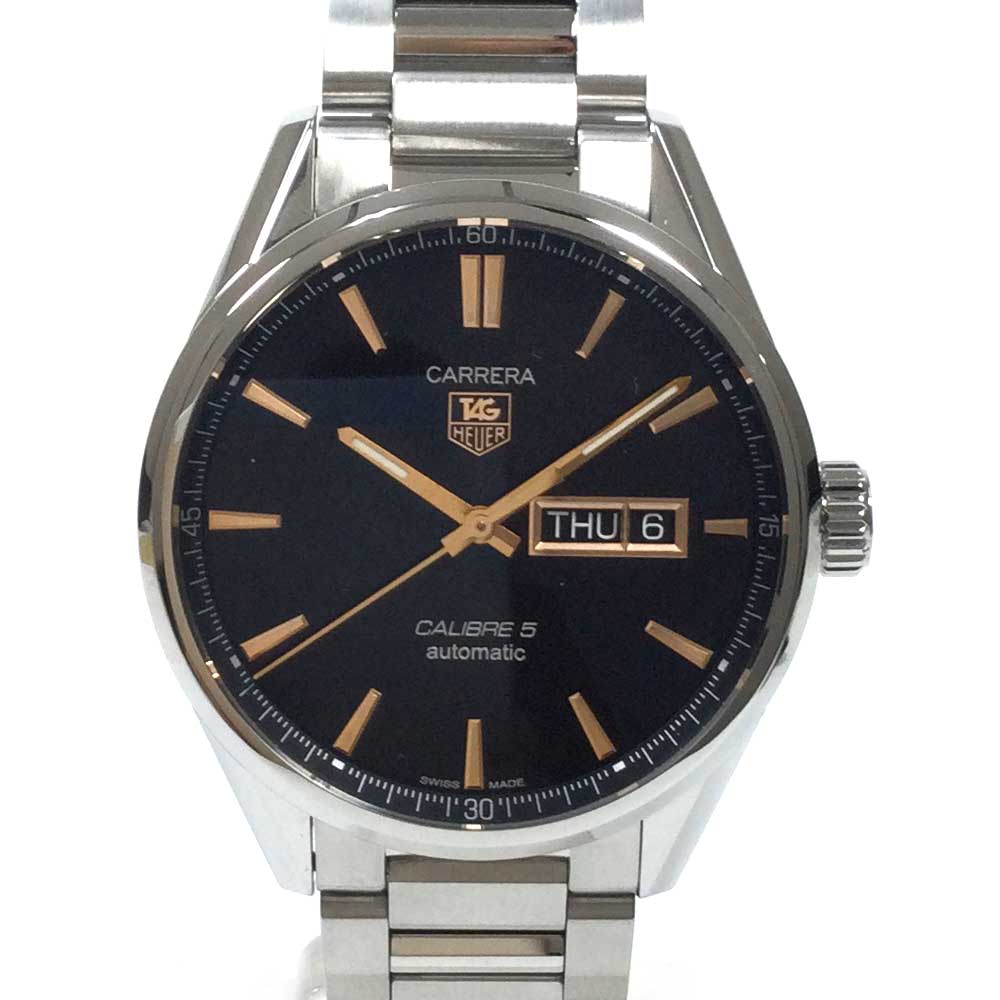 N【中古】【TAG-HEUER】 タグホイヤー カレラ キャリバー5 自動巻き WAR201-C ステンレス シルバーカラー×ベゼル×ベルト/ブラック×ローズゴールドカラー文字盤 デイデイト 外箱/箱/ギャラ ブランド時計 メンズ かんてい局那須塩原店★ 3100008-39n