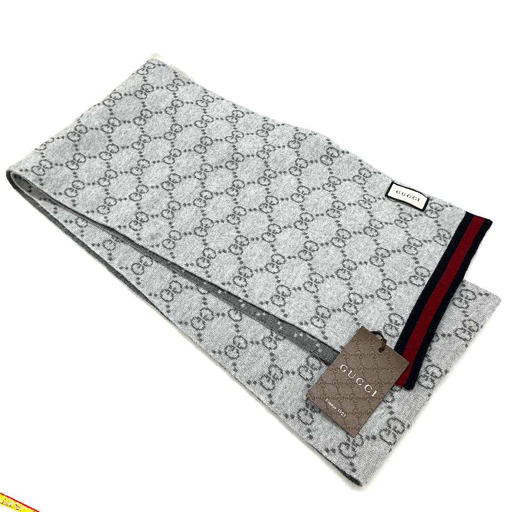 N【GUCCI】グッチ ウールマフラー　325806 3G206 1263　ウール100％　グレー　メンズ　レディース　GG..