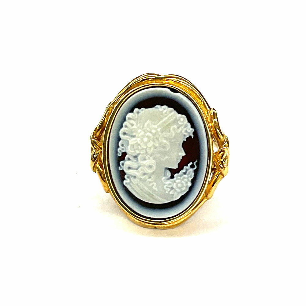 N【K18】カメオリング 約13号 K18 750 イエローゴールド 指輪 ホワイト×ネイビーカラー レディースリング メンズリング 女性の横顔 質屋かんてい...