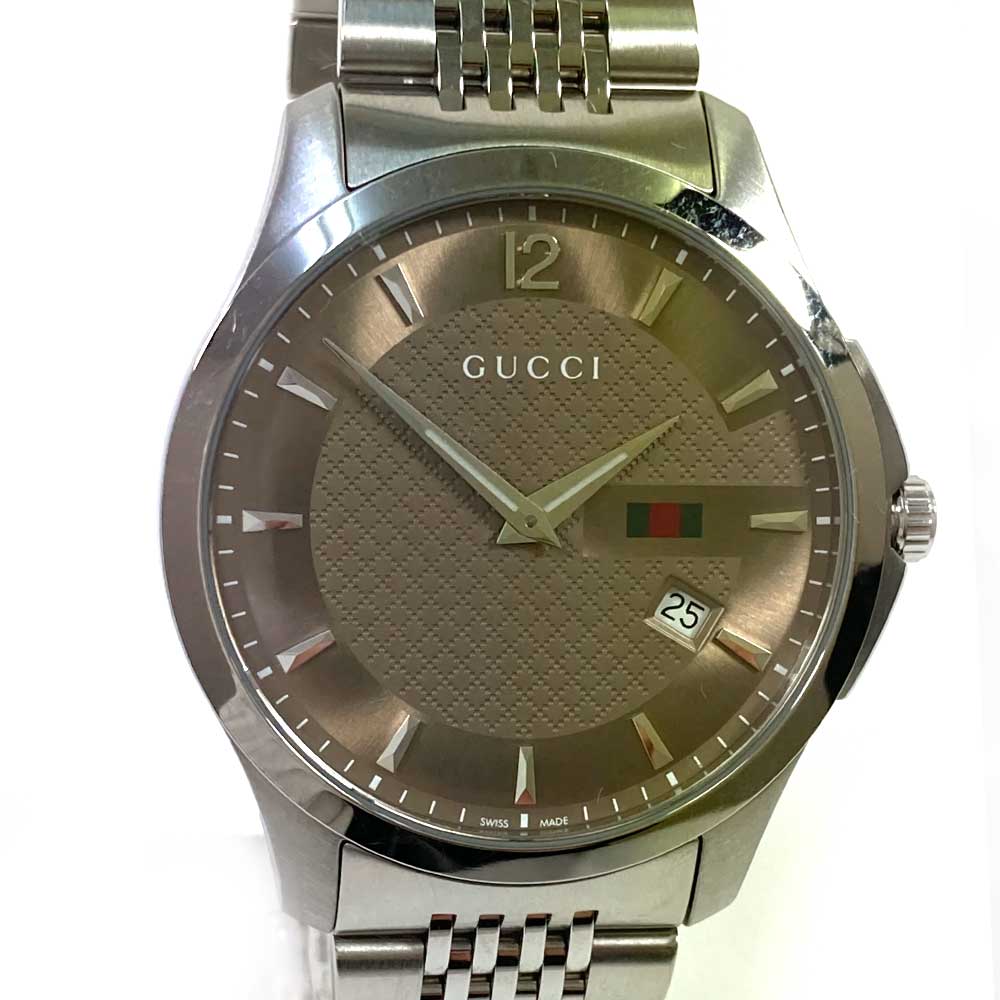 N【中古】【GUCCI】グッチ　Gタイムレス　クオーツ時計　YA126310　シルバーカラー×ブラウン系文字盤　ステンレス　腕回り約20cm　稼働品　メンズ　箱/取説　ブランド時計　ファション時計　3か月保証　質屋かんてい局那須塩原店★3100011-39n