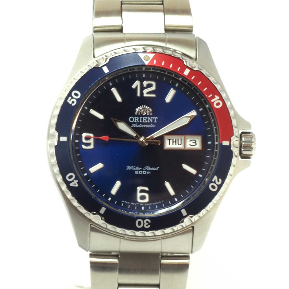 N【中古】【ORIENT】オリエント デイデイト自動巻腕時計 AA02-C5-A シルバーカラー/ブルー×レッドベゼル/ブルー文字盤 ステンレス 腕周り最大約20cm 箱/取説 ブランド時計 メンズ 質屋かんてい局那須塩原店★3100020-22n