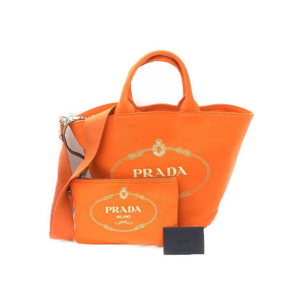 N【中古】【PRADA】プラダ　カナパファブリックトート　IBG163　オレンジ　キャンバス地　オープン開閉　ギャラ／ポーチ/ショルダーストラップ付属　トートバッグ　ショルダーバッグ　2WAYバッグ　ブランドバッグ　質屋かんてい局那須塩原店★3100544-10n