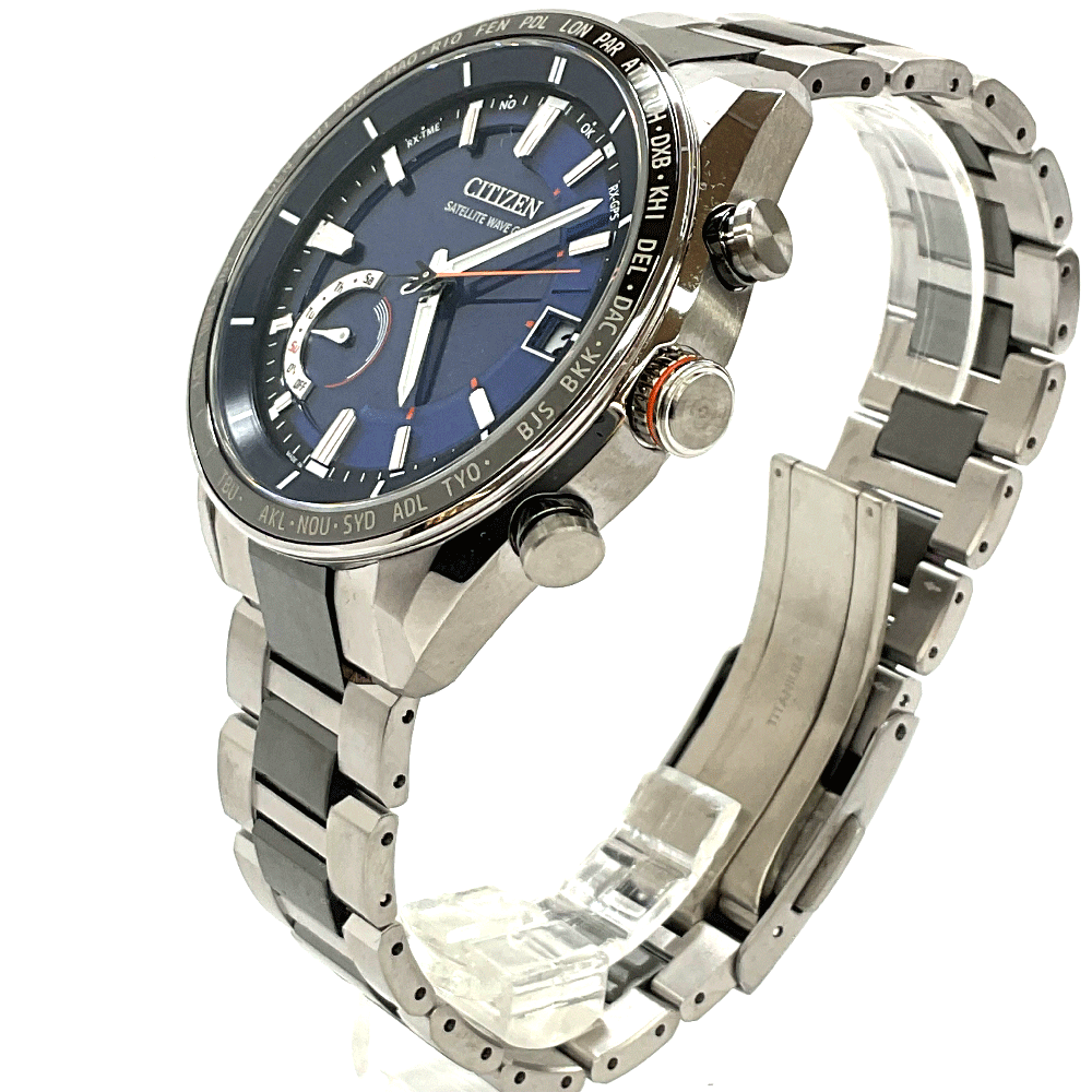 N【中古】【CITIZEN】シチズン　アテッサ アクトライン　ソーラー電波時計　CC3085-51L　シルバーカラーブラックカラー×ブラックベゼル×ネイビー文字盤 　スーパーチタニウム　ケース約43cm　腕回り約20cm　 3か月保証 　質屋かんてい局那須塩原店 R2502074