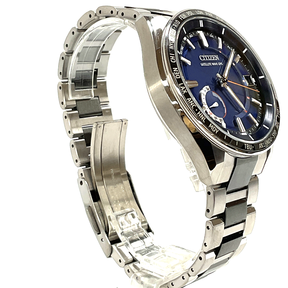 N【中古】【CITIZEN】シチズン　アテッサ アクトライン　ソーラー電波時計　CC3085-51L　シルバーカラーブラックカラー×ブラックベゼル×ネイビー文字盤 　スーパーチタニウム　ケース約43cm　腕回り約20cm　 3か月保証 　質屋かんてい局那須塩原店 R2502074