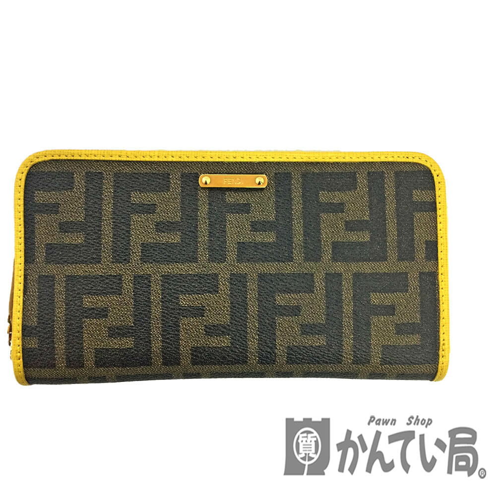 T【FENDI】 ラウンドファスナー長財布　8M0299　ブラウン×イエロー　ゴールド金具　ロゴ　小銭入れ有　 レザー　長財布　レディース　男女兼用　ズッカ柄　中古【フェンディ】【質屋かんてい局宇都宮戸祭店】31015959317-1ts