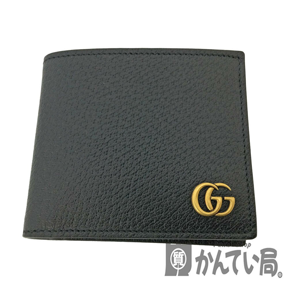 T【GUCCI】 二つ折り財布　428725　GGマーモント　ブラック　黒　レザー　ゴールド金具　コンパクト財布　美品　箱有　布袋有　レディース　メンズ　男女兼用　女性　男性【グッチ】【大特価価格】【かんてい局宇都宮戸祭店】31019009317-3t-h