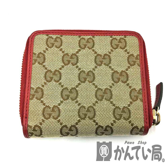 【K】【GUCCI】ファスナー付き2つ折り財布　ブラウン　レッド　GGキャンバス　二つ折り　コンパクト　付属品有り　レディース　女性　可愛い　小さめ　中古【グッチ】【質屋かんてい局鹿沼店】31019009310-14k