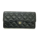 N【中古】【CHANEL】シャネル クラッシックロングフラップウオレット AP0241 T8K***** 長財布 ブラック×ゴールドカラー金具 マトラッセ キャビアスキン レディース 箱/布袋付属 ブランド財布 質屋かんてい局 那須塩原店★ 3101559-18n