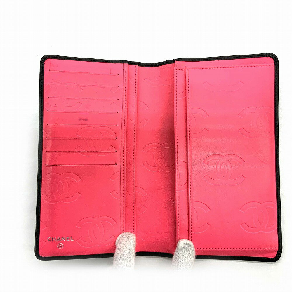 o【CHANEL】二つ折り長財布 カンボンライン A26717 ラムスキン ブラック ピンク 長財布 黒 ココマーク 女性 レディース 【シャネル】【質屋かんてい局小山店】 3101898-1o-o