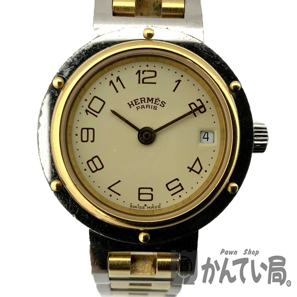 o【HERMES】【エルメス】クリッパー　CL4.220　ステンレススチール　SS　レザー　ゴールド　ブラック　クォーツ　電池　女性　レディース【中古】【質屋かんてい局小山店】3100216-3o-ht