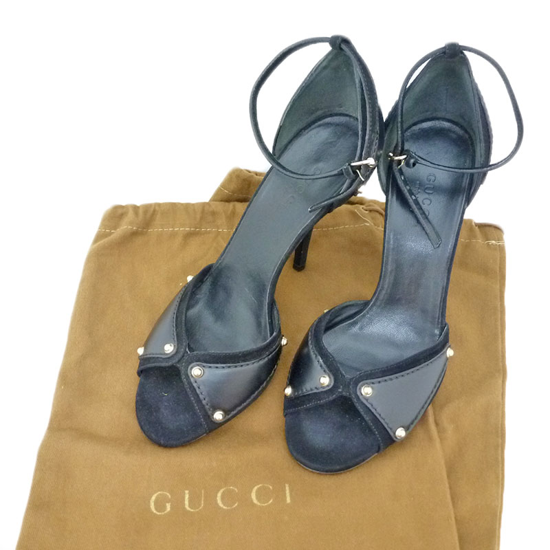 N【GUCCI】グッチ オープントゥパンプス　ブラック　34C(約22cm)　ヒール10cm　レザー×スエード　レディース　シンプル　オススメ　靴　可愛い　布袋有　送料無料　特別価格★質屋かんてい局那須塩原店 19-2550n