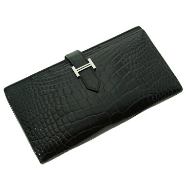 HERMES【エルメス】ベアンスフレ 長財布 ワニ革 アリゲーター レザー マチ付き H金具 ブラック系 シルバー金具 高級 ラグジュアリー メンズ レディース ユニセックス C刻印(2018年)【中古】USED-6 質屋かんてい局春日井店 k21-2362