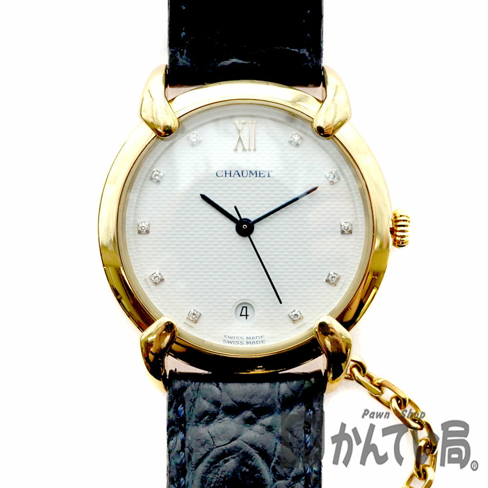 CHAUMET【ショーメ】グリフィス 10Pダイヤ K18YG 腕時計 クオーツ 金無垢 18金 ゴールド デイト レザー 革ベルト ブラック ダイヤモンド レディース ウォッチ 時計【中古】USED-6 質屋かんてい局北名古屋店 n20-3804