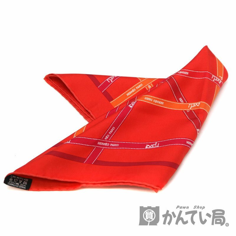 HERMES【エルメス】ミニカレ　スカーフ　SILK100％　シルク　朱色系　約42cm×42cm　USED-6【中古】A2007144　質屋　かんてい局茜部店のサムネイル