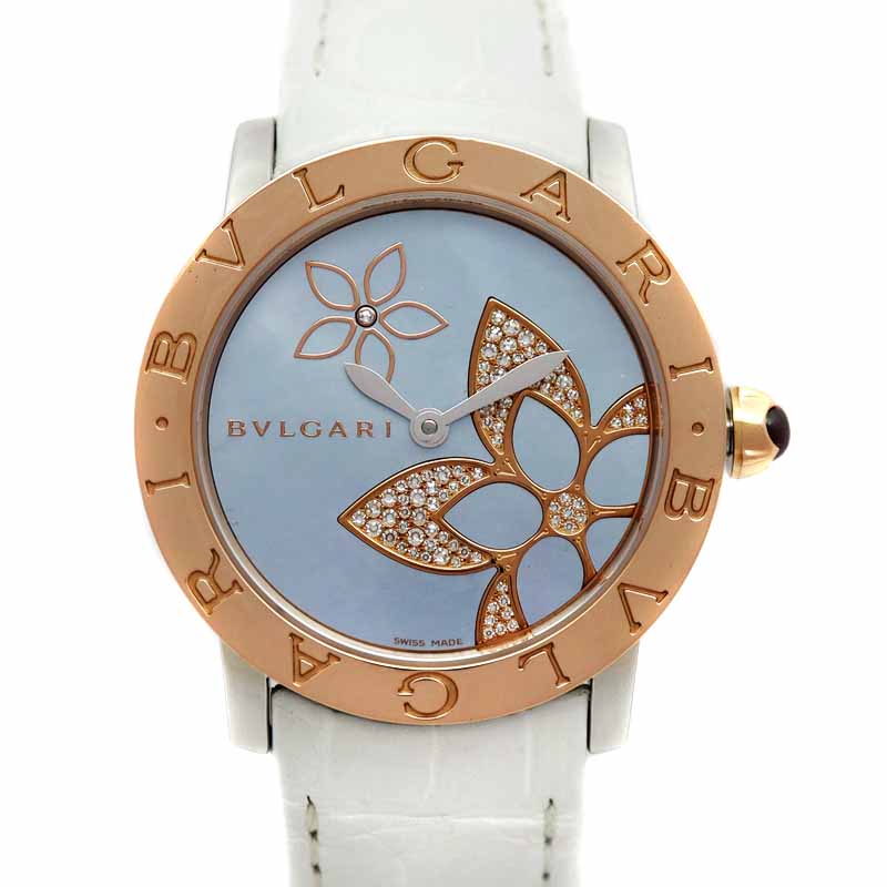 BVLGARI【ブルガリ】BBLP33SG ブルガリブルガリ メディテラネアン ガーデン K18PG（ピンクゴールド）×SS（ステンレス）レザーブレス パヴェダイヤモンド 自動巻 シェル文字盤 ブランド ボーイズ 腕時計 USED-7【中古】A22-3116　質屋　かんてい局茜部店