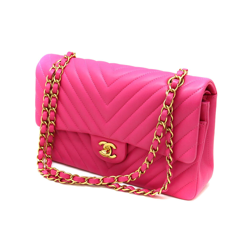 CHANEL【シャネル】A01112　チェーンショルダーバッグ　Vステッチ　シェブロン　ラムスキン　レザー/革　鞄　ショルダーバック　ピンク/桃色系　ゴールド金具　レディース【中古】USED-8　質屋　かんてい局茜部店　A22-9609のサムネイル