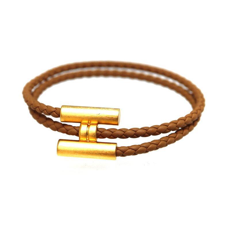 エルメス Hermes レザーブレスレット トレッセ ベージュ ゴールド【中古】