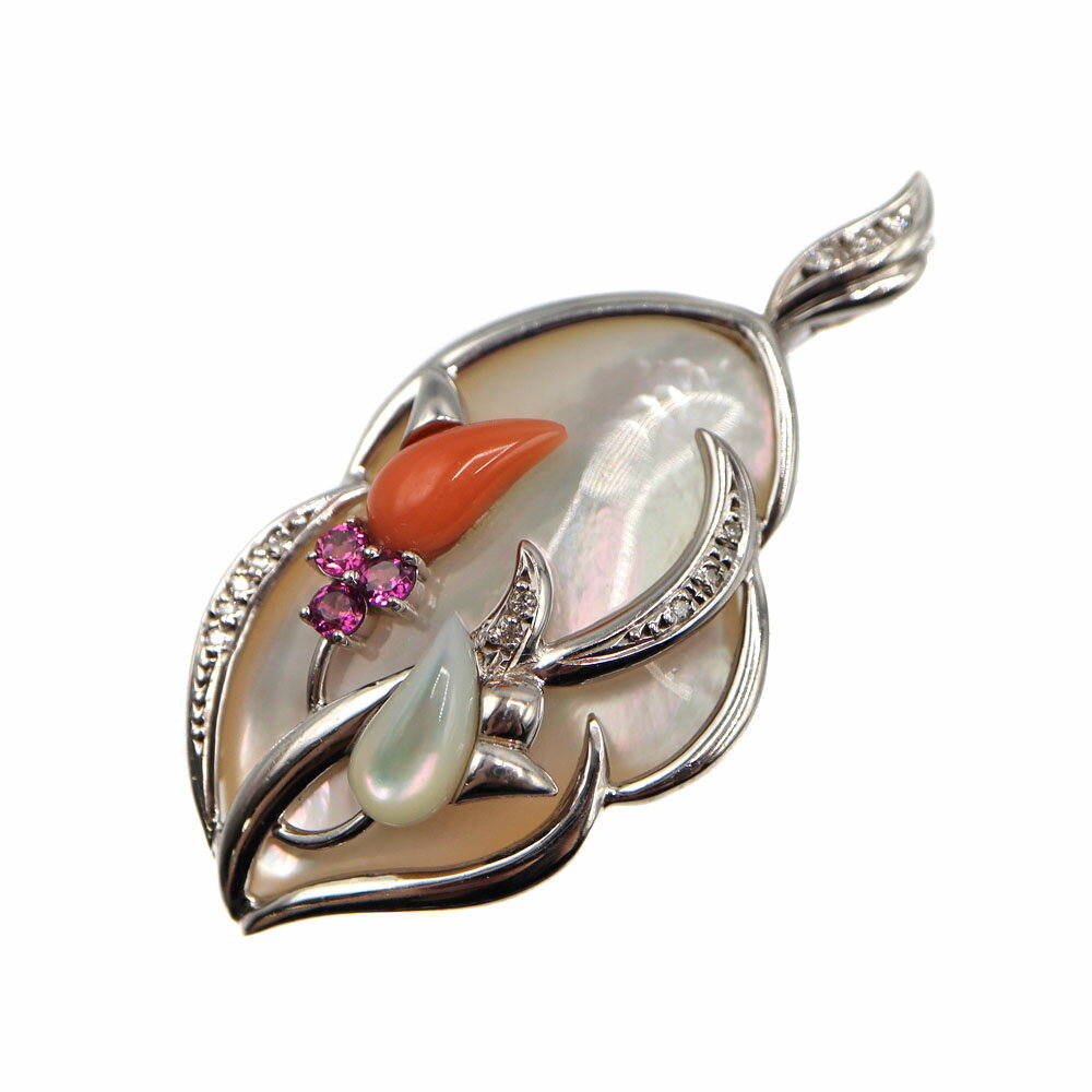 18金ホワイトゴールド K18WG サンゴ シェル ガーネット ペンダントトップ レディース シルバー【中古】