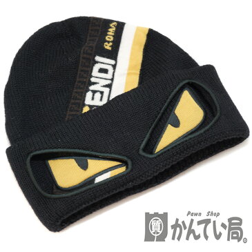 FENDI【フェンディ】FXQ056 ニットキャップ バッグバグズ ビーニー FILA【フィラ】コラボ ズッカ柄 サイズ：210×240mm ウール　黒 ブラック イエロー モンスター メンズ　帽子 ニット帽【中古】　USED-6　質屋 かんてい局北名古屋店　n20-2590