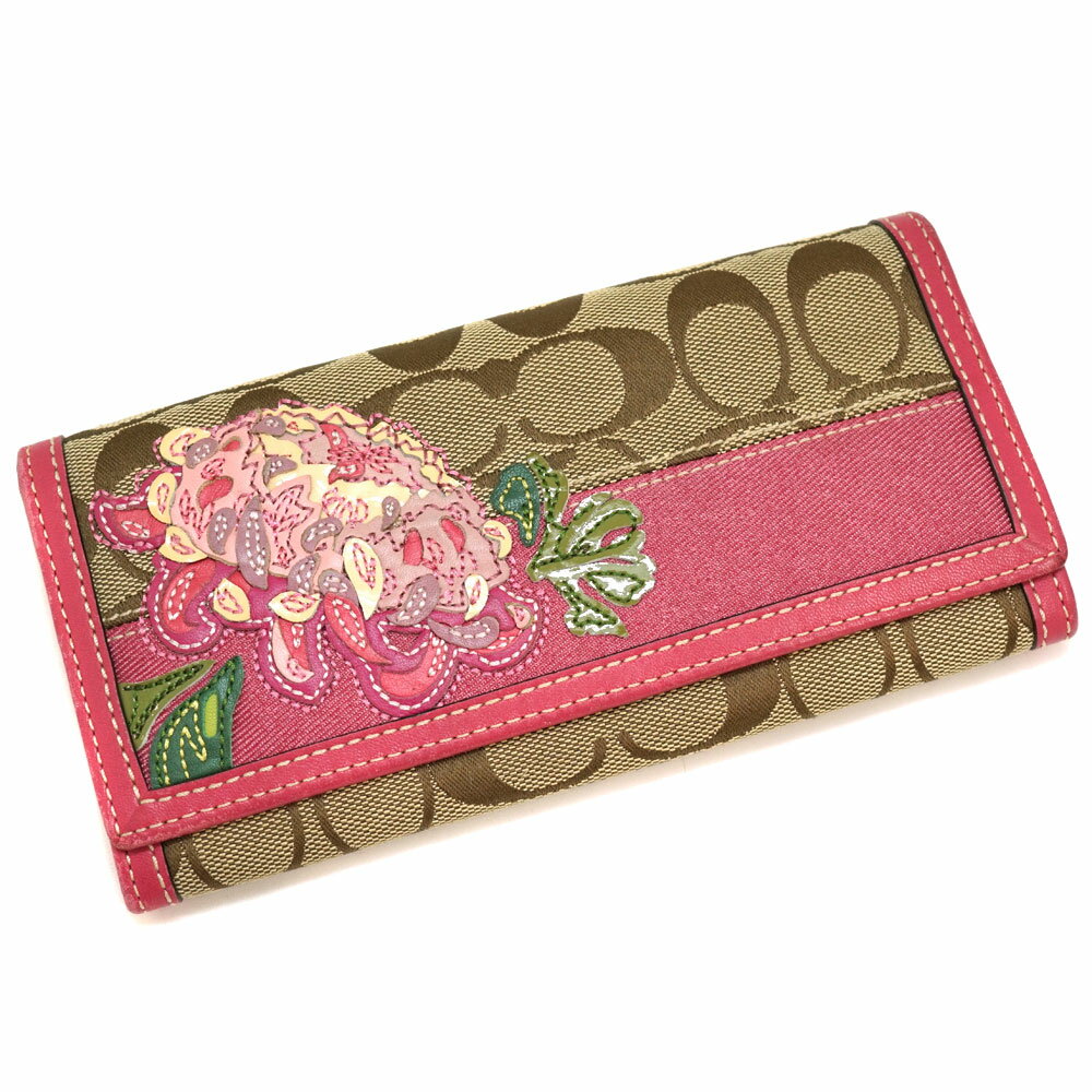 COACH【コーチ】41418 ファスナー付き財布 長財布 サイフ 花 立体 レディース ベージュ系 ピンク系 シグネチャー柄 レザー キャンバス【中古】USED-6 質屋 かんてい局北名古屋店 n21-199のサムネイル