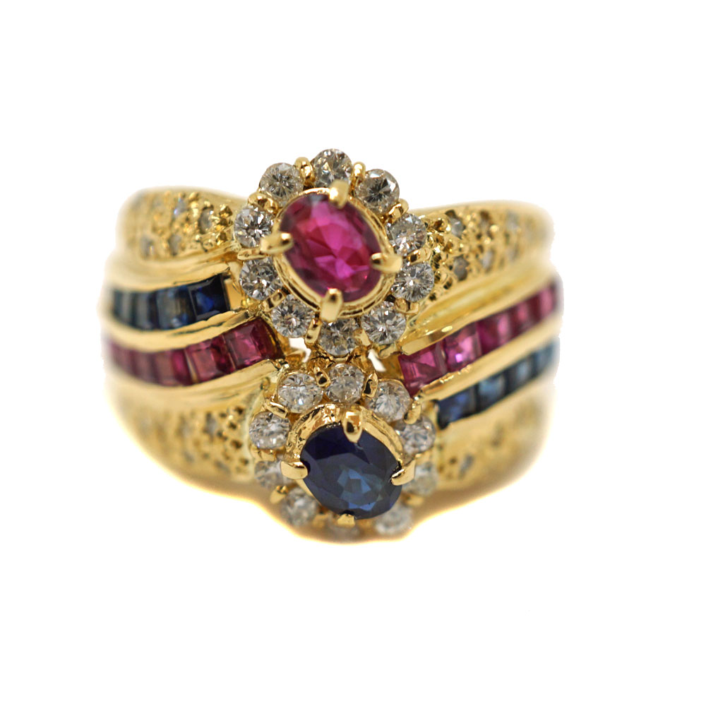 K18 18金 イエローゴールド リング 指輪 ルビー サファイア ダイヤモンド【中古】