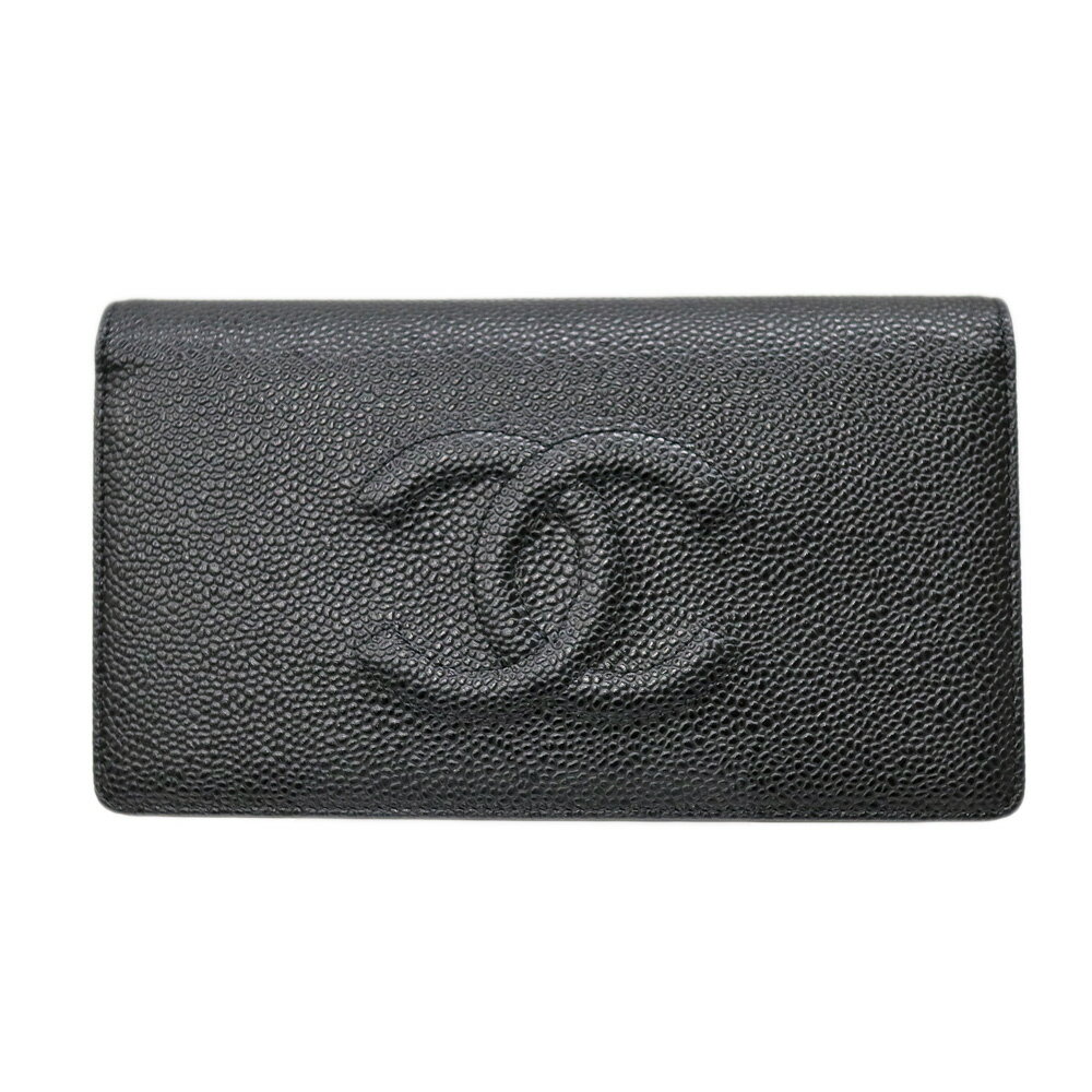 シャネル Chanel A48651 長財布 キャビアスキン ブラック 2つ折り財布 レザー ブラック 財布 レディース【中古】