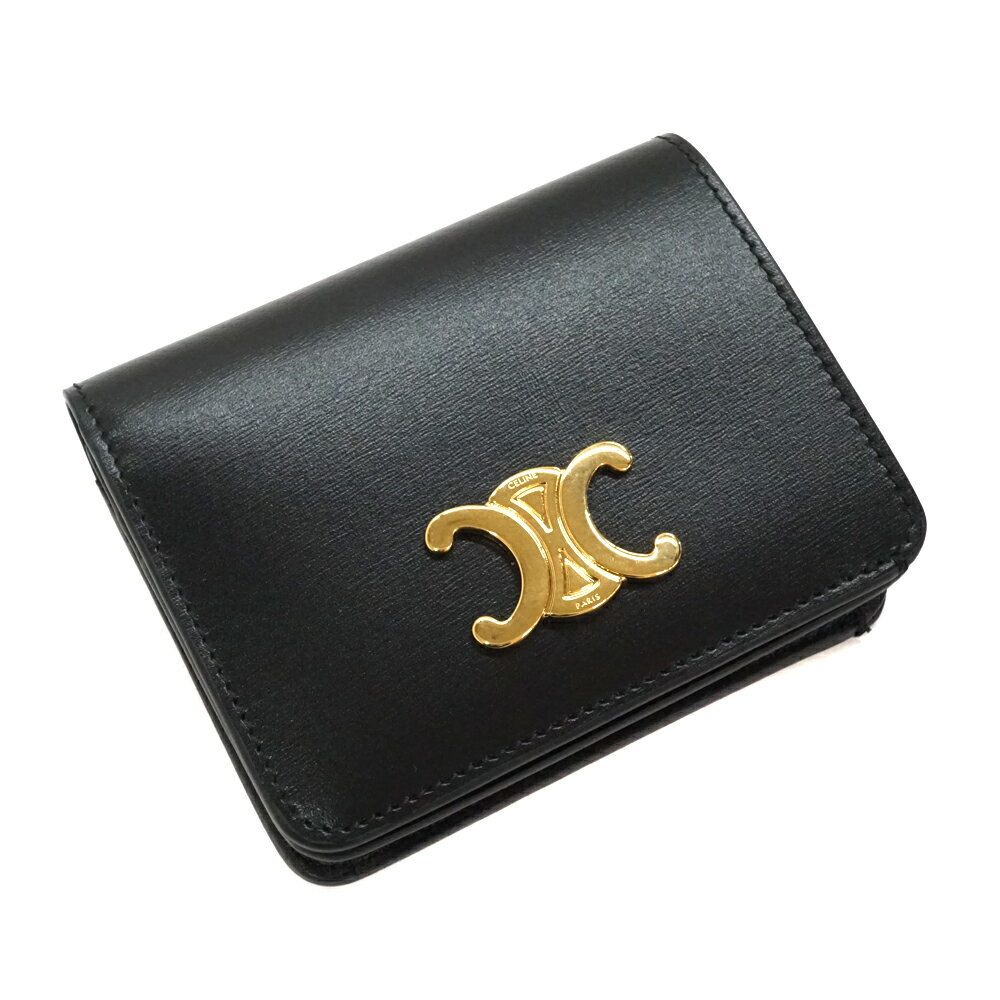セリーヌ Celine コンパクトウォレット 二つ折り財布 ブラック 黒 ゴールド レディース トリオンフ【中古】