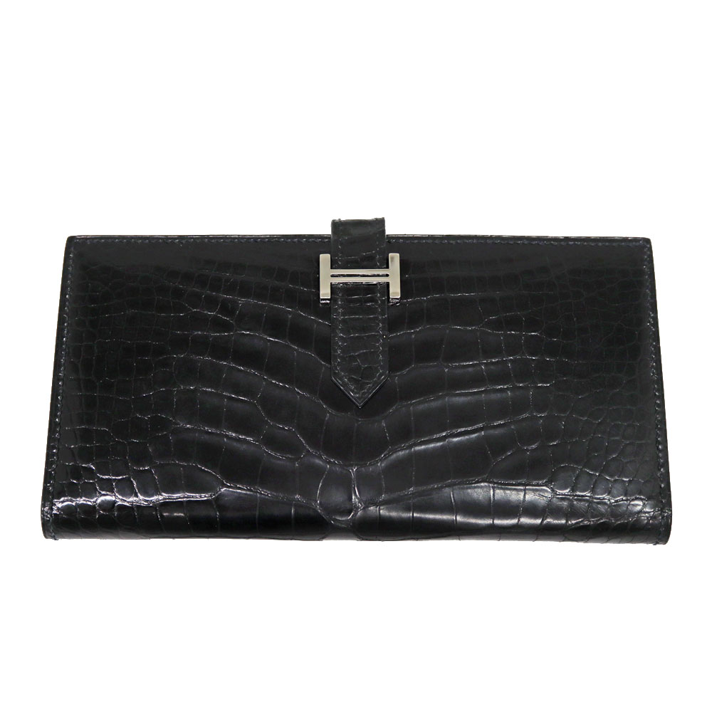 エルメス Hermes ベアンスフレ 2つ折り財布 アリゲーター ブラック 【中古】