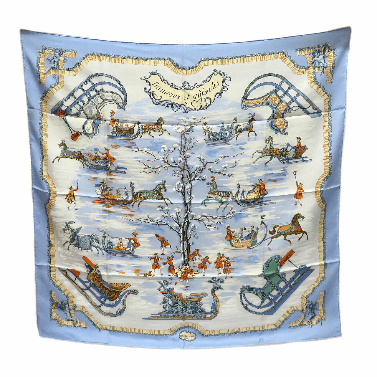 エルメス Hermes カレ90 Traineaux et glifsades ソリとスケートと馬 スカーフ【中古】