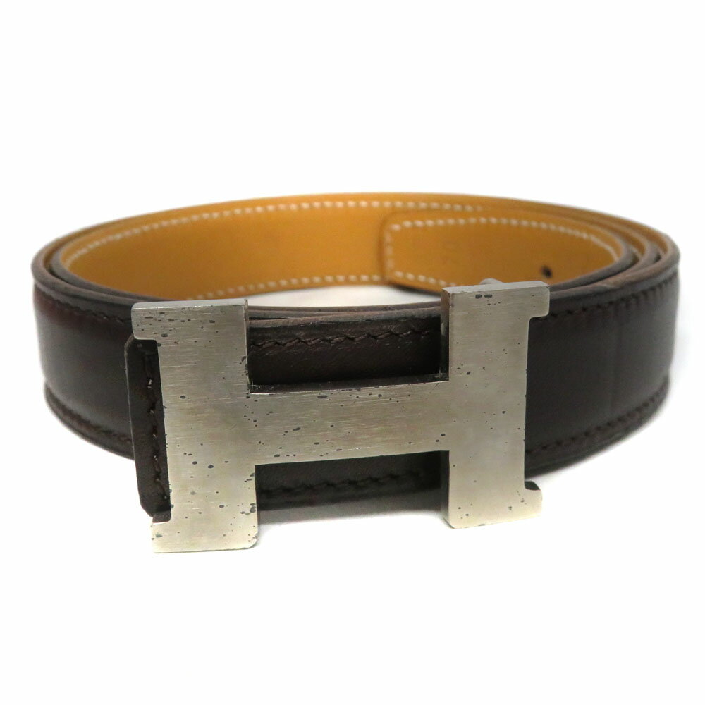 エルメス Hermes Hバックル ベルト □E刻印 リバーシブル ブラウン ベージュ【中古】