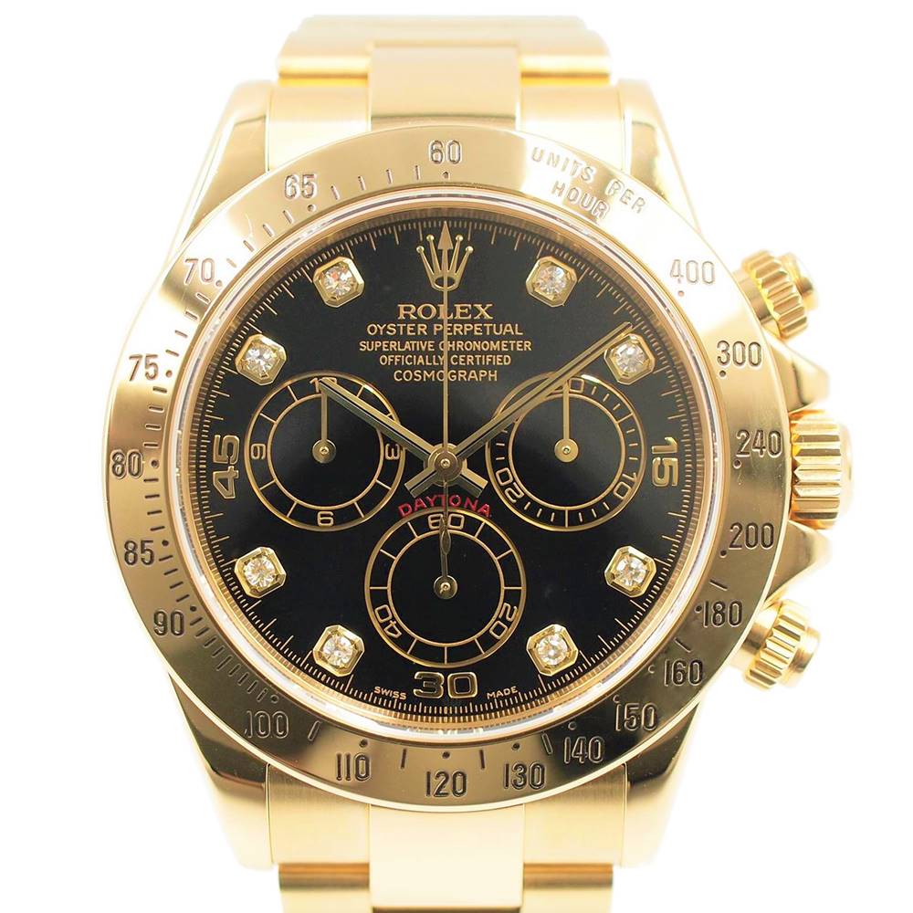 【中古】ROLEX 116528G コスモグラフ デイトナ イエローゴールド YG 金無垢 機械式自動巻き 黒文字盤 クロノグラフ タキメーター 8Pダイヤインデックス F番 2004年頃 ロレックス メンズ ブランド 腕時計 USED-SA wtc