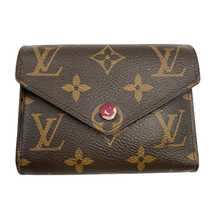 【中古】LOUIS VUITTON M41938 モノグラム ポルトフォイユ・ヴィクトリーヌ フューシャ イニシャル入り ブラウン レッド 赤色 二つ折り財布 財布 小銭入れ ルイヴィトン レディース 女性 USED-BC