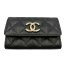 シャネル 名刺入れ（レディース） CHANEL シャネル AP3130 カードケース フラップ ブラック キャビアスキン □□ USED-S