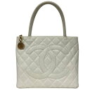 CHANEL シャネル A01804 復刻トート ホワイト キャビアスキン ハンドバッグ マトラッセ ココマーク □□ USED-B