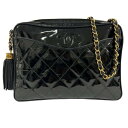 CHANEL シャネル フリンジ エナメル チェーン ショルダーバッグ マトラッセ ココマーク パテントレザーブラック □□USED-B