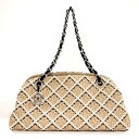 【中古】CHANEL ボーリング バッグ ベージュ ブラック ダブル チェーン ショルダー トートバッグ シルバー金具 黒 ダイヤキルティング ハンドバッグ 肩...