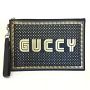 GUCCI　グッチ　クラッチバッグ　510489　GUCCYプリント　レザー　ブラック　ゴールド　【USED-A/中古】　かんてい局名護店　ng3101334927300008