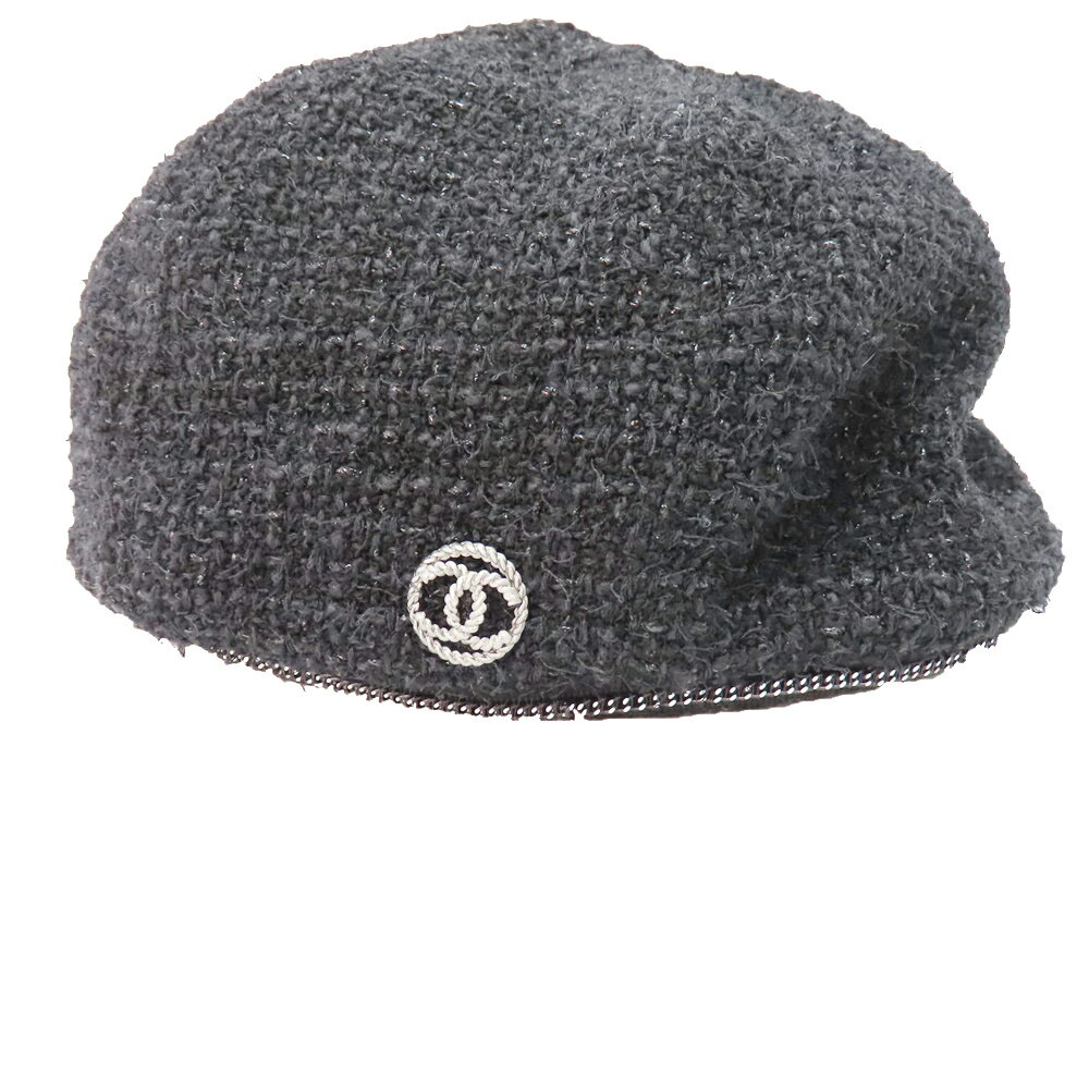 ≪値下げ≫【中古】CHANEL シャネル ココマーク チャーム ベレー帽 黒 ツイード 57cm レディース 帽子 A2302247【無料ギフトラッピング承ります】