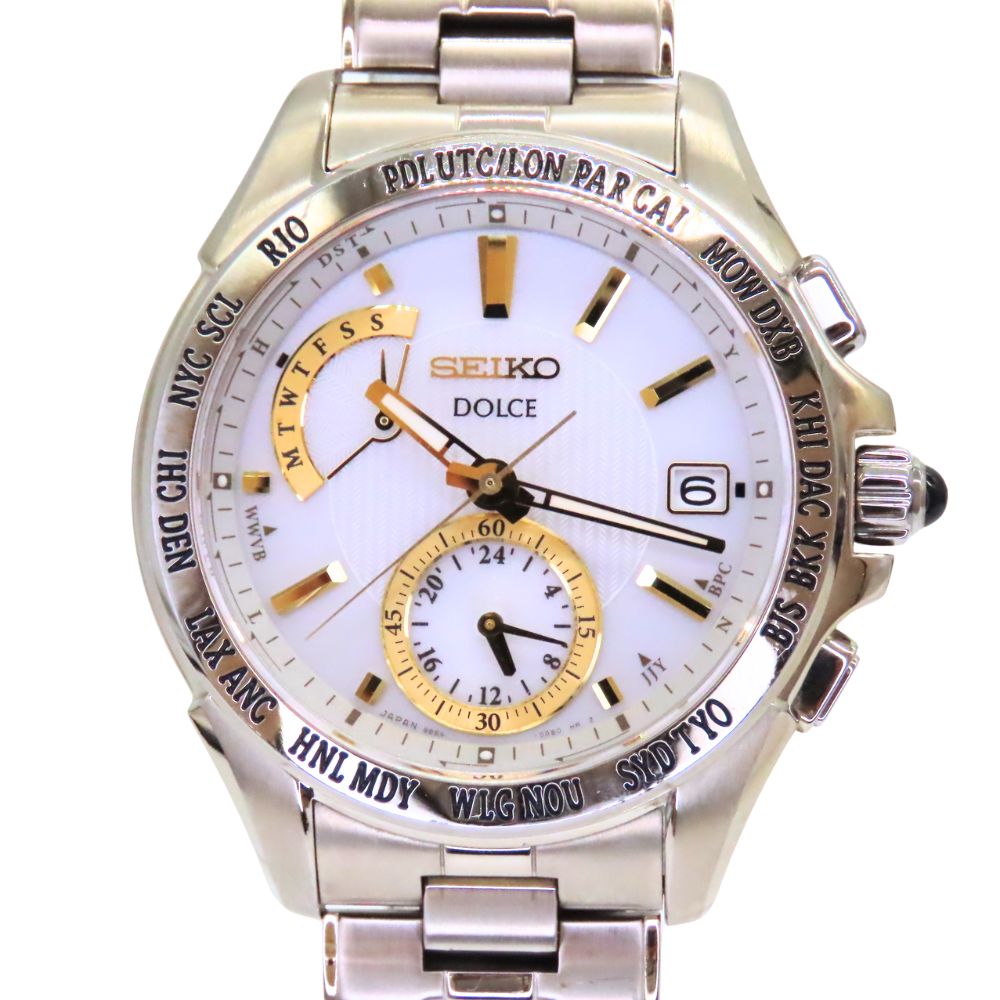 【中古】SEIKO セイコー SADA001 DOLCE ドルチェ ソーラー 腕時計 ホワイト ゴールド ワールドタイム ウォッチ A2300404【無料ギフトラッピング承ります】