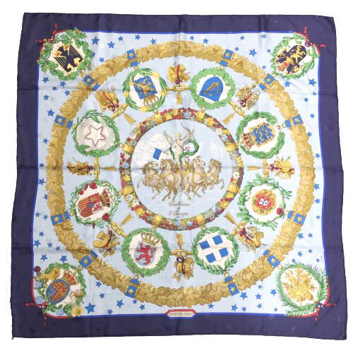 【極美品】 エルメス カレ90 ヨーロッパのエンブレム スカーフ 約90cm シルク100% ストール 首巻 襟巻 ..