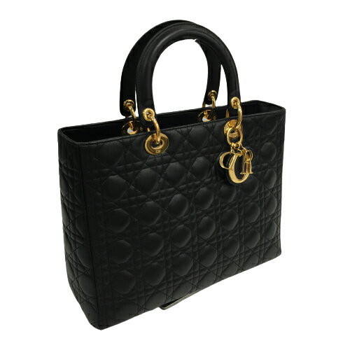 【美品】クリスチャンディオール CAL44561 レディディオール ハンドバッグ ラムスキン カナージュ ブラック 黒 ロゴチャーム ゴールド金具 ヴィンテージ レディース 女性用 【中古】のサムネイル