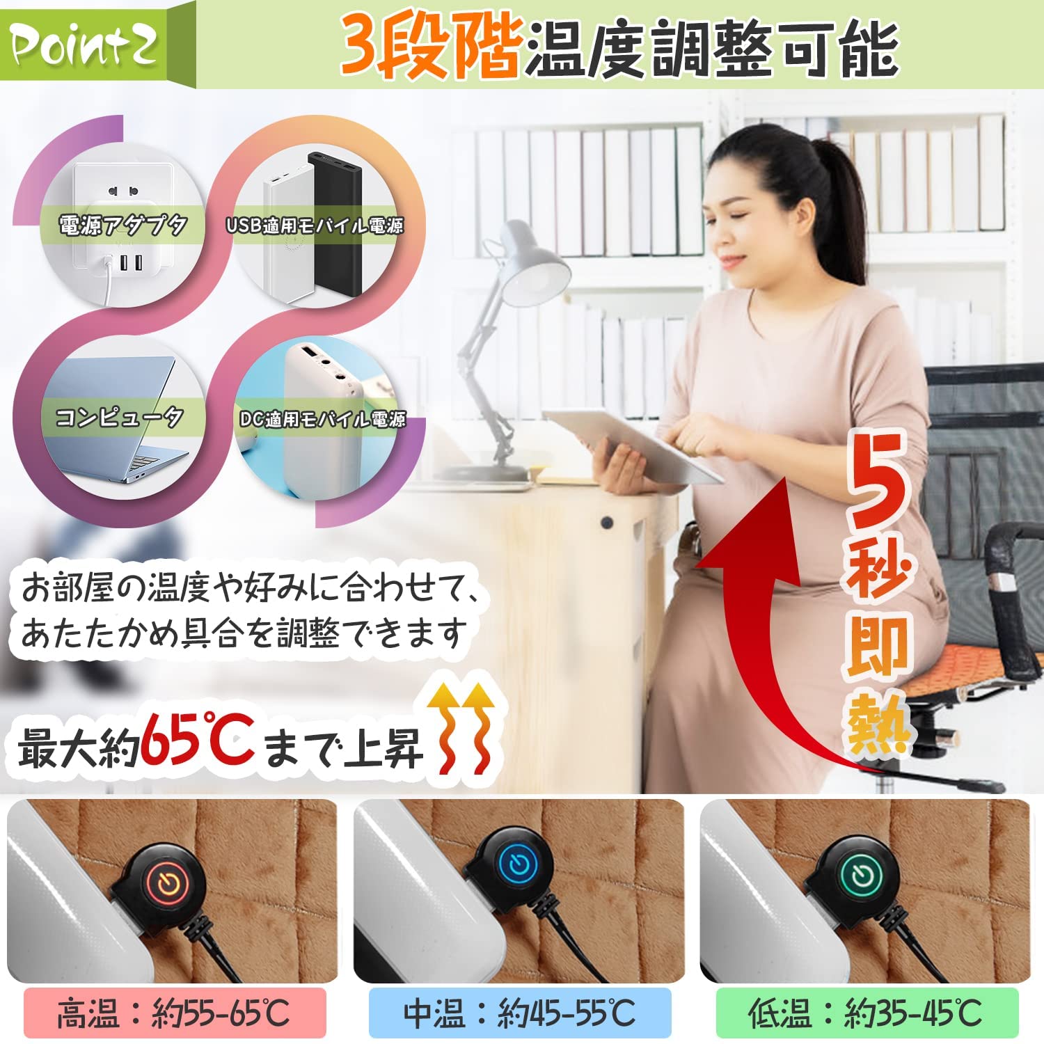 ホットカーペット 電気座布団 ホットマット 電気マット 発熱マット ミニ USB/DC給電 電熱 加熱パッド 日本製発熱線 35℃～65℃温度調節 洗濯可能 省エネ usb カーペット ミニ 防寒対策 ホットカーペット 温熱座布団 電気座布団 暖房器具 自宅 オフィス 43*43cm