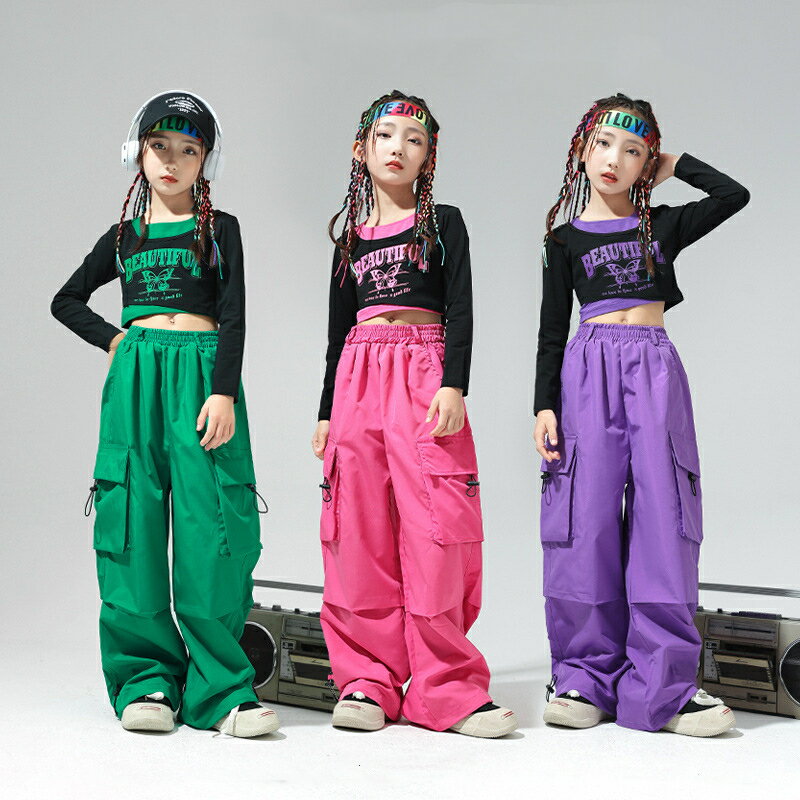 キッズ ダンス衣装 へそ出し HIPHOP ピンク 長袖トップ カーゴパンツ ショート丈 ヒップホップ 女の子 トップス シャツ パンツ ジャズダンス 子供 ステージ衣装 韓国 団体服 ジュニア 応援団 イベント 発表会 文化祭 演出服 体育祭 120-180CM