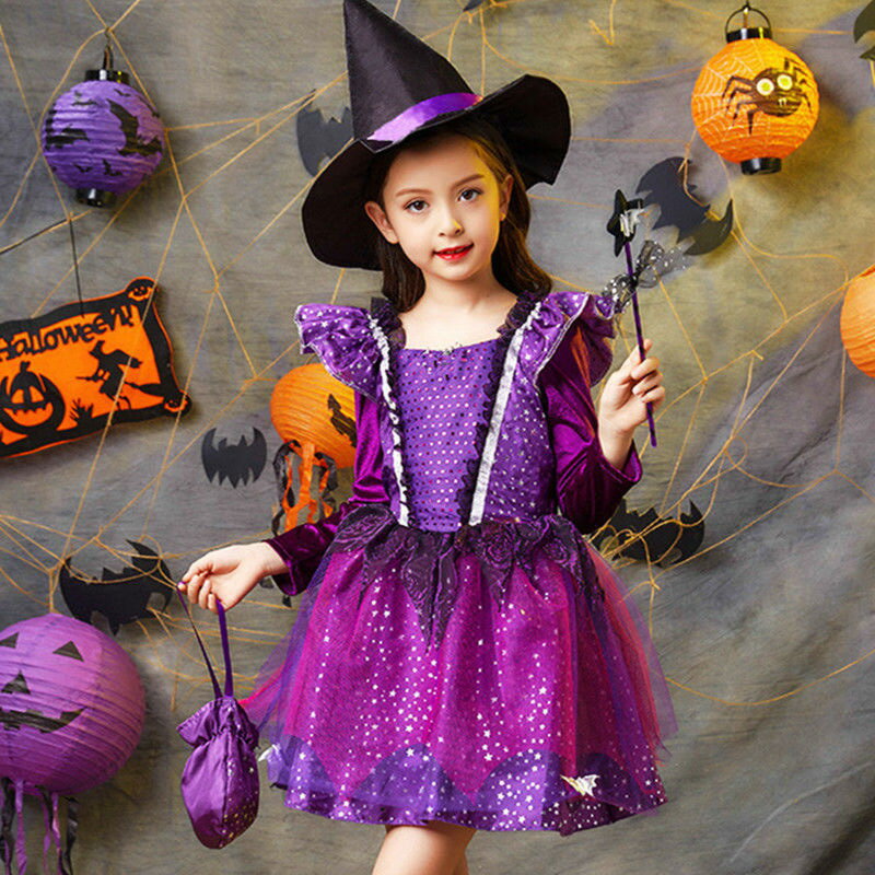 ハロウィン 衣装 子供 コスプレ ドレス 魔女 Halloween コスチューム ワンピース 4点セット cosplay 子供用 キッズ ガールズ 変装 仮装 演出 発表会 イベント 幼稚園 小学生 可愛い 女の子 ハロウィーン衣装 悪魔 魔法使い 110 120 130 140 150 160