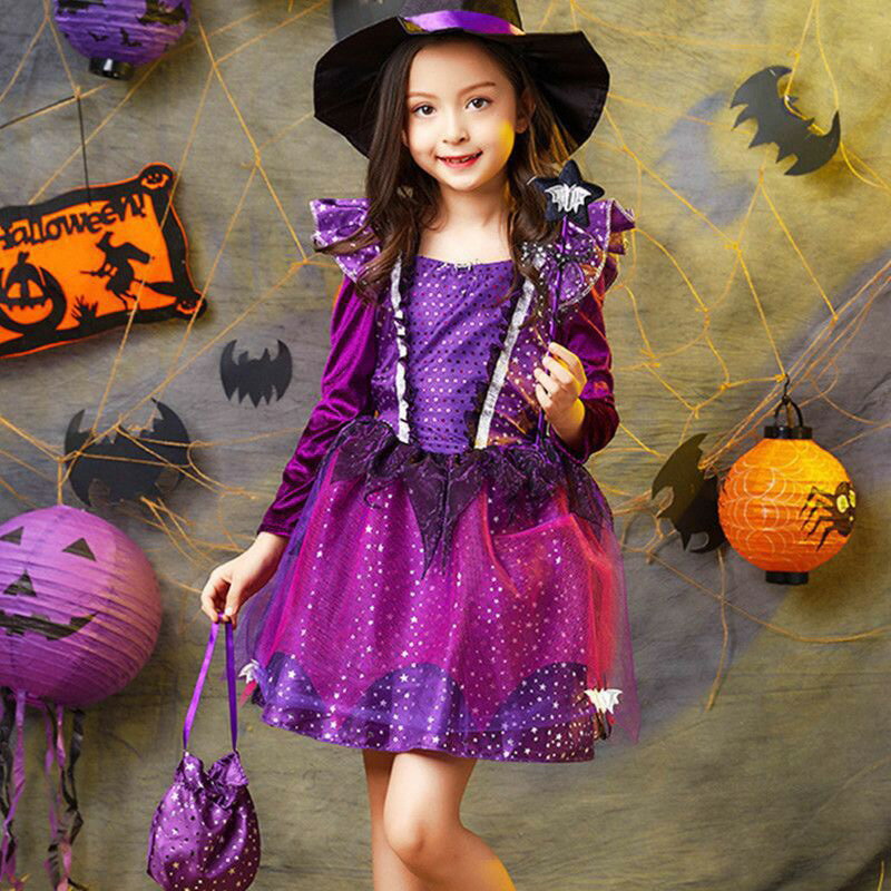 ハロウィン 衣装 子供 コスプレ ドレス 魔女 Halloween コスチューム ワンピース 4点セット cosplay 子供用 キッズ ガールズ 変装 仮装 演出 発表会 イベント 幼稚園 小学生 可愛い 女の子 ハロウィーン衣装 悪魔 魔法使い 110 120 130 140 150 160