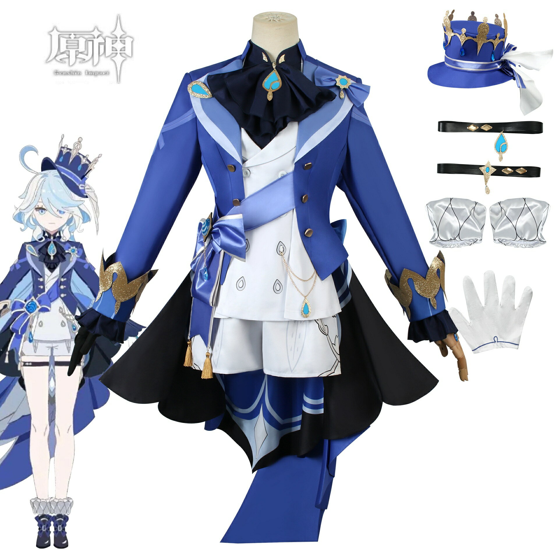 原神 水神 フリーナ ウィッグあり 制服 全身セット セットアップ コスプレ衣装 コ シャツ ショートパンツ 仮装 変装 女の子 Cosplay ハロウィン変装...