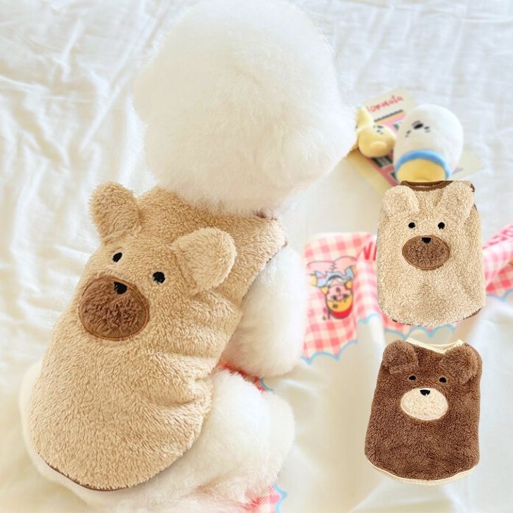 新作 超可愛い! 冬春 犬 服 かわいい 犬服 くまちゃん 立体耳 タンクトップ インスタ映え ノースリーブ ベスト トップス ふわふわ ペットウエア もこもこ あったか 秋冬 犬 猫 服 ドックウエア キャットウエア 可愛い 防寒 冬